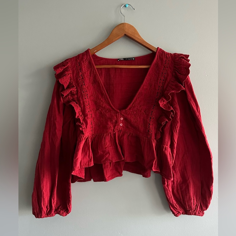Zara Deep Red Ruffled V-Neck Blouse